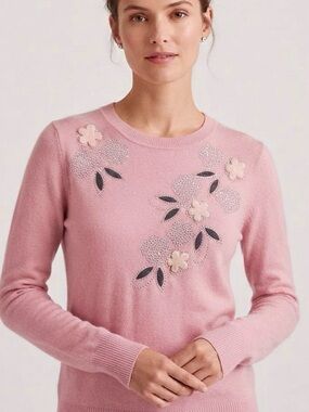 Pink Floral Rhinestone Embroidered Viscose Knit Sweater Size S / 4-6